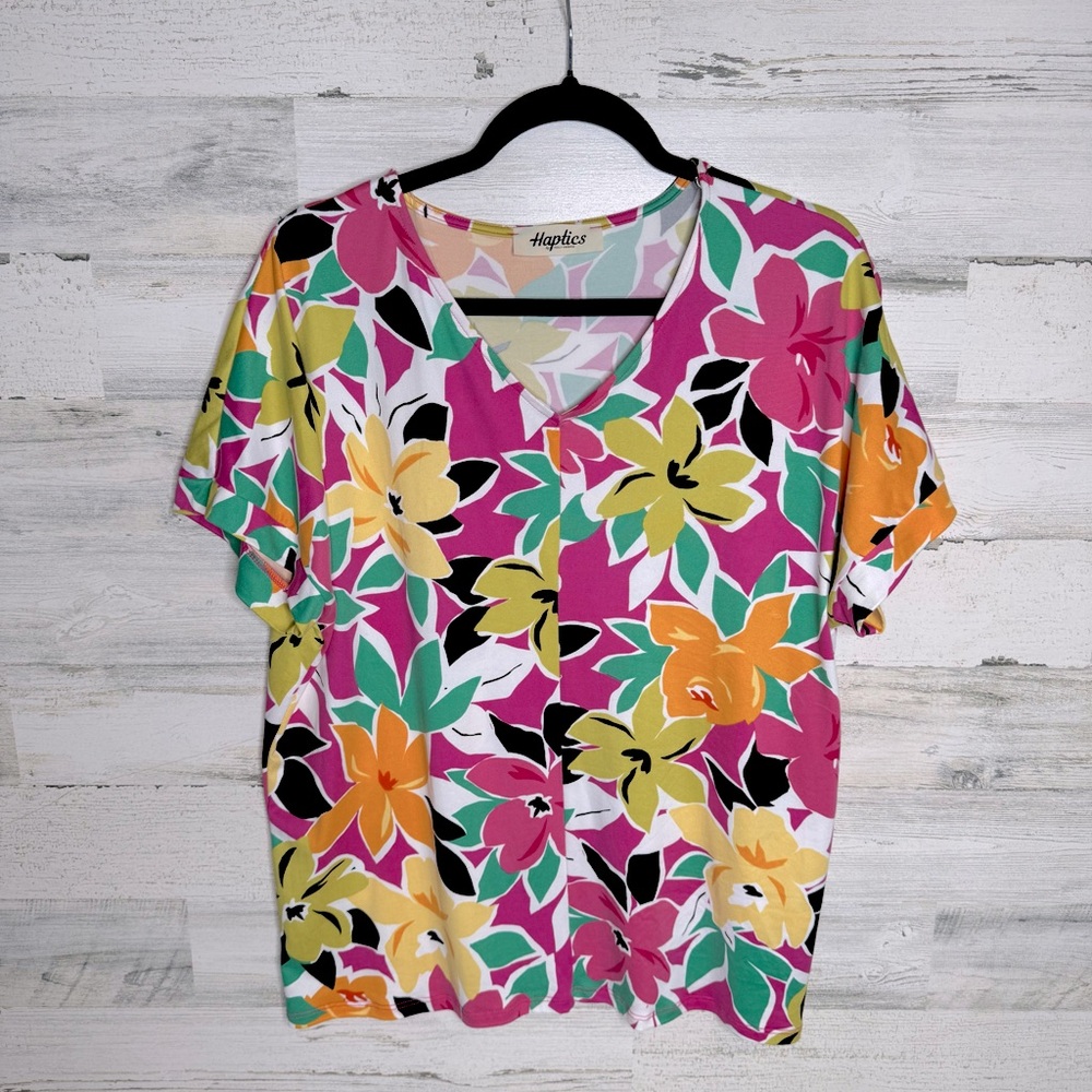 NWT Haptics Fuchsia and Emerald Floral V-neck Shirt